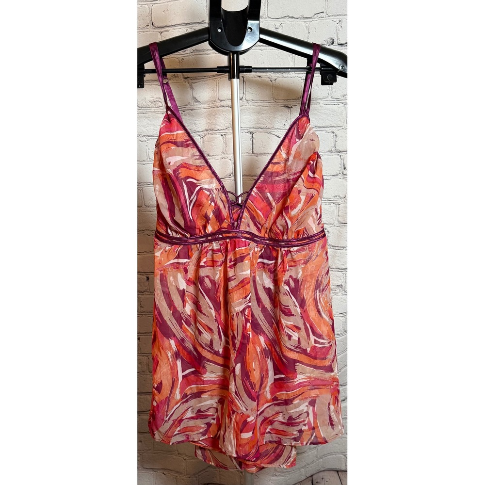 Cacique Plus Size 22/24 Babydoll Lingerie Set Abstract Orange Pink Purple 2pc